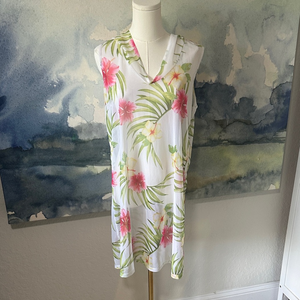 L White Tropical Floral Sleeveless Cover Up with Hood Pink Green Print Sheer